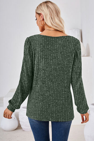 Ribbed Square Neck Long Sleeve T-Shirt - Charming Charlie