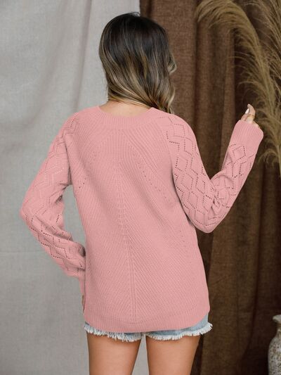 Openwork Round Neck Raglan Sleeve Sweater - Charming Charlie