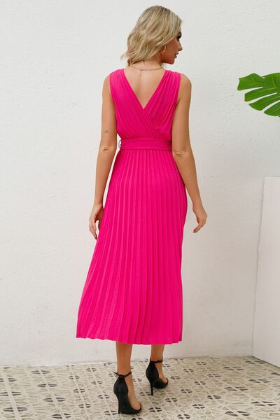 Surplice Sleeveless Midi Pleated Dress - Charming Charlie