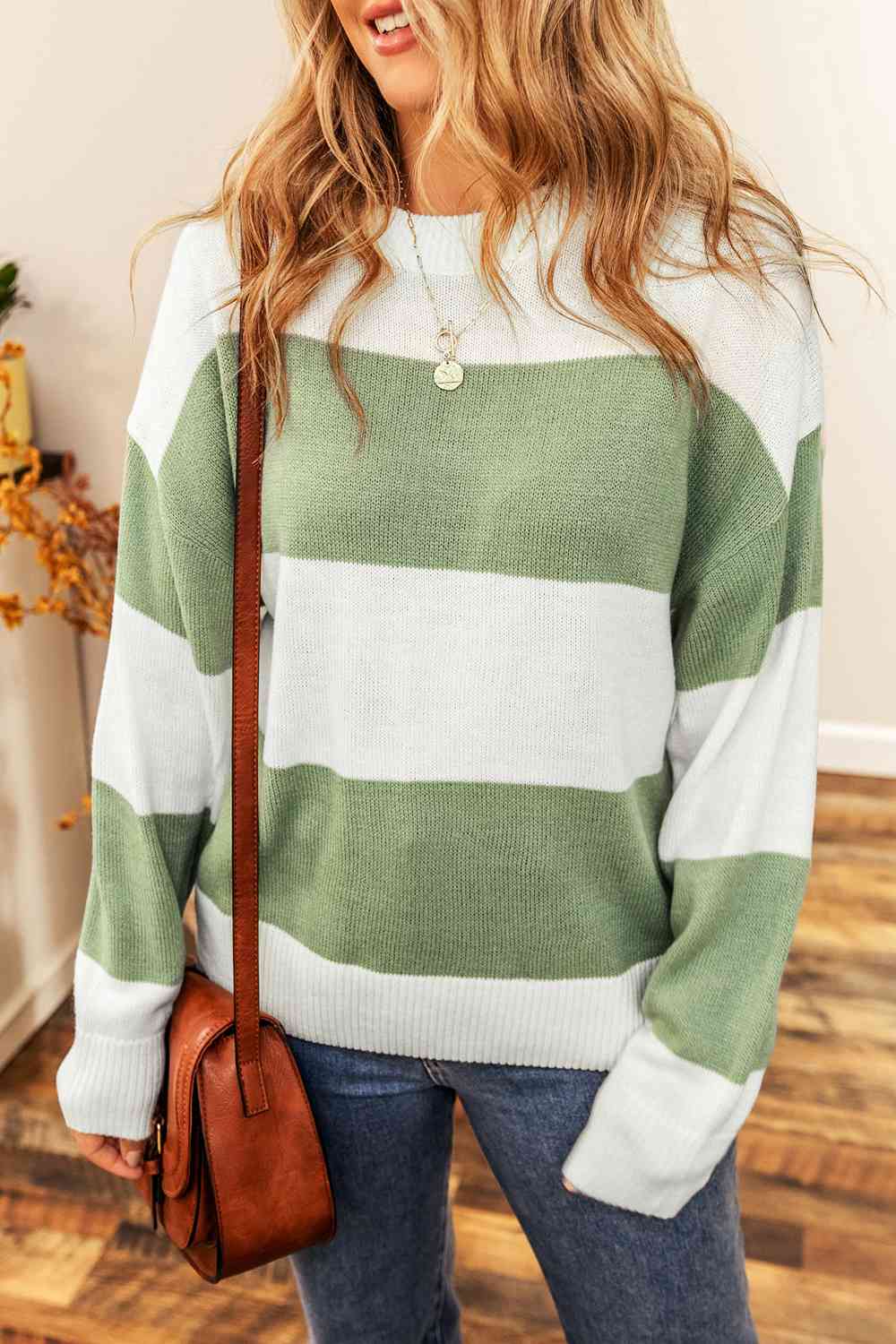 Color Block Round Neck Drop Shoulder Sweater - Charming Charlie