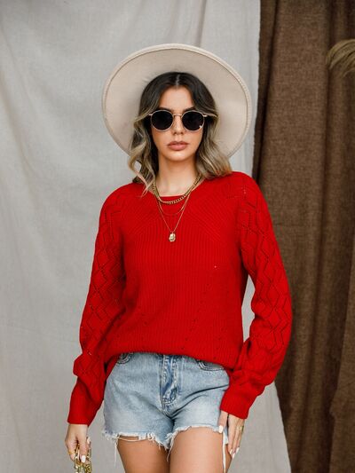 Openwork Round Neck Raglan Sleeve Sweater - Charming Charlie