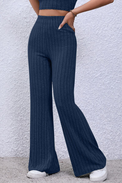 Basic Bae Full Size Ribbed High Waist Flare Pants - Charming Charlie
