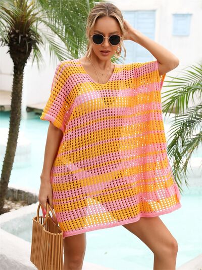Tassel Openwork Striped V-Neck Cover Up - Charming Charlie