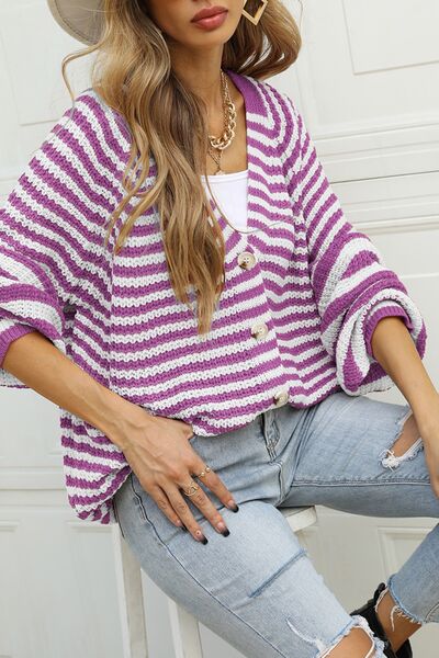 Striped Button Up Long Sleeve Cardigan - Charming Charlie