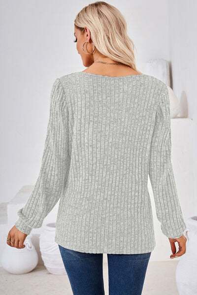 Ribbed Square Neck Long Sleeve T-Shirt - Charming Charlie