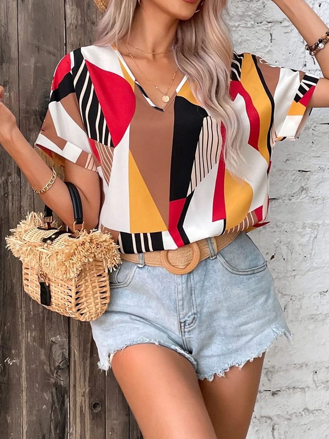 Printed V-Neck Short Sleeve Blouse - Charming Charlie