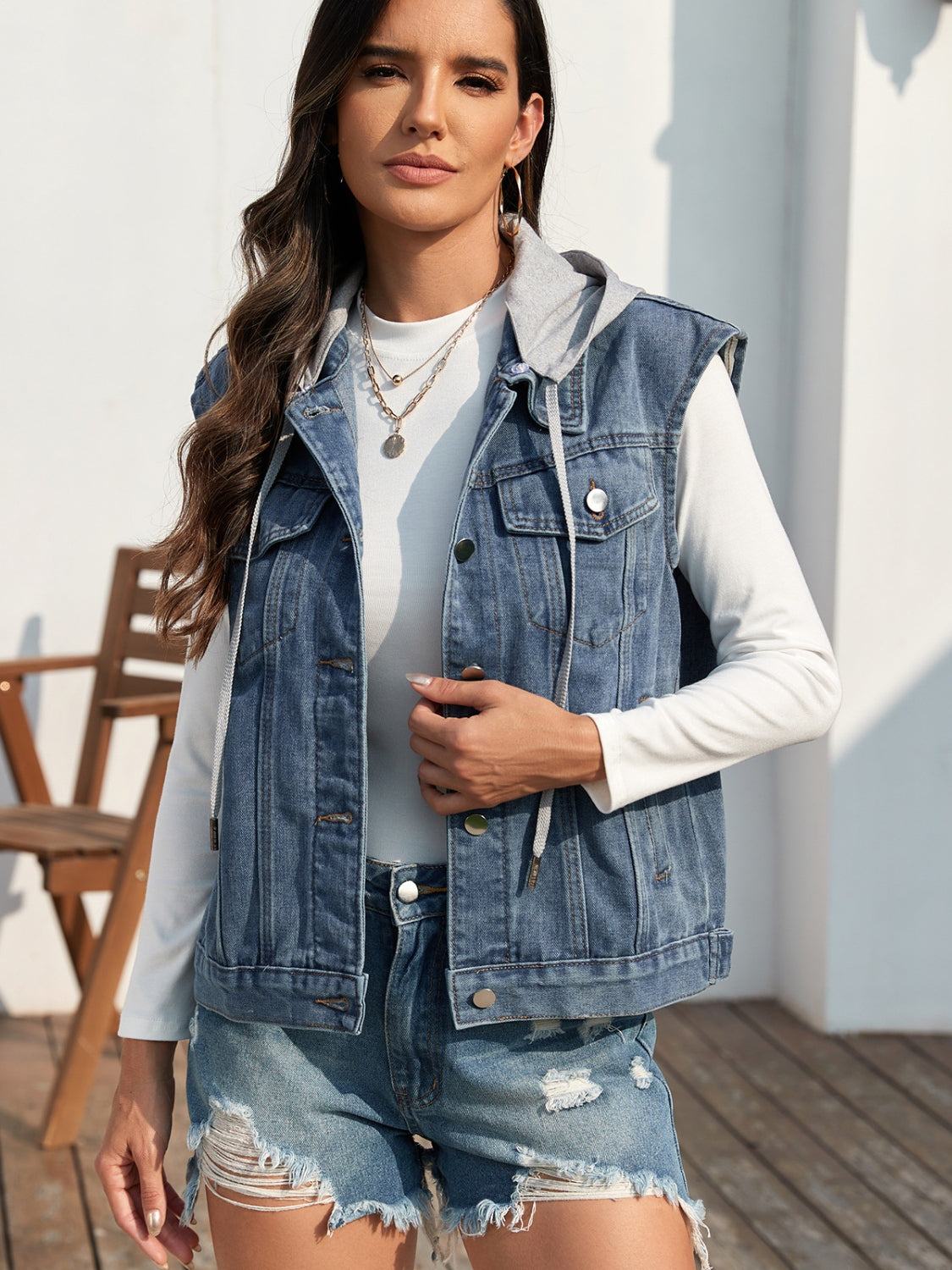 Pocketed Button Up Hooded Denim Jacket - Charming Charlie