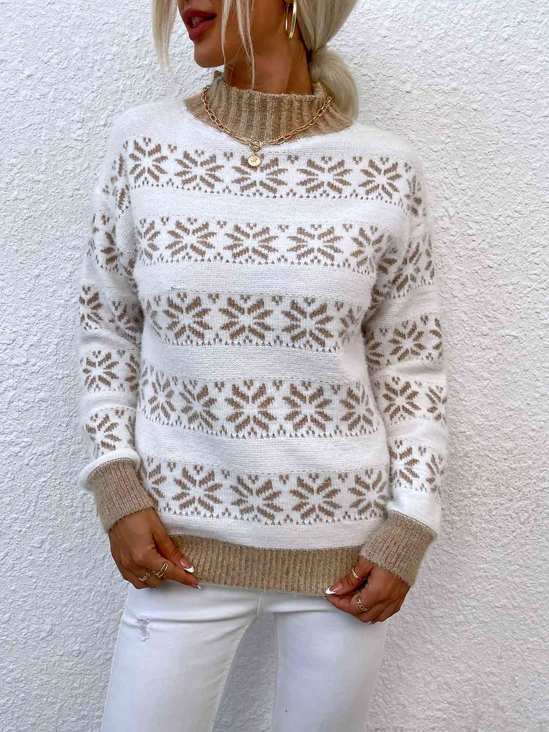 Snowflake Pattern Mock Neck Sweater - Charming Charlie
