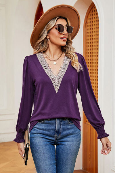 Lace Detail V-Neck Lantern Sleeve T-Shirt - Charming Charlie