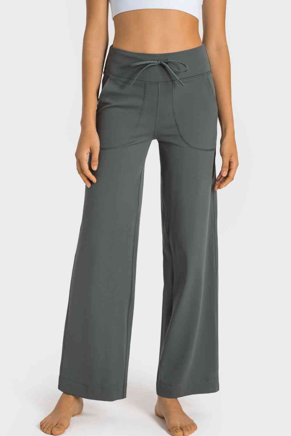 Drawstring Waist Wide Leg Sports Pants with Pockets - Charming Charlie