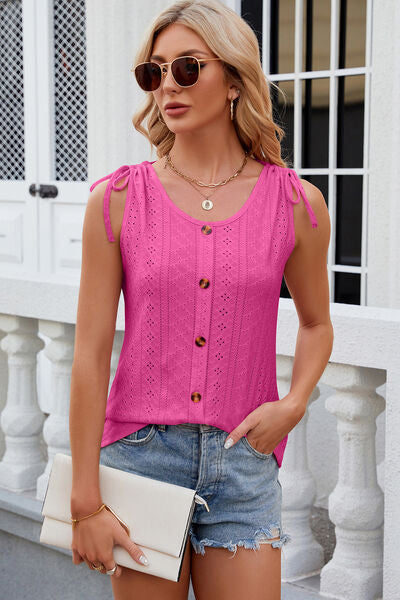 Eyelet Round Neck Wide Strap Tank - Charming Charlie