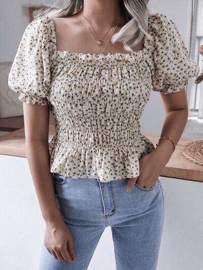 Frill Smocked Square Neck Short Sleeve Blouse - Charming Charlie