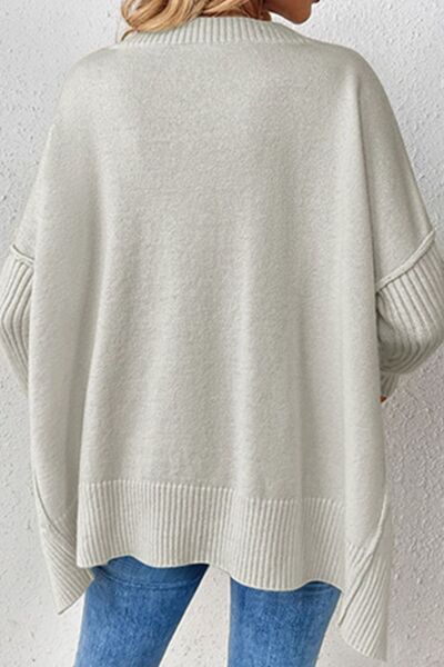 Slit V-Neck Dropped Shoulder Sweater - Charming Charlie