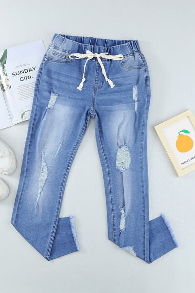 Drawstring Distressed Raw Hem Jeans with Pockets - Charming Charlie