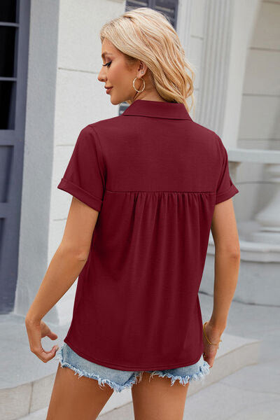 Ruched Johnny Collar Short Sleeve Blouse - Charming Charlie