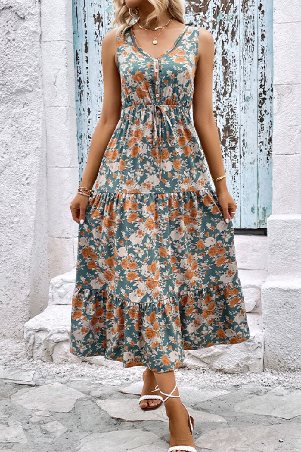 Floral V-Neck Tiered Sleeveless Dress - Charming Charlie