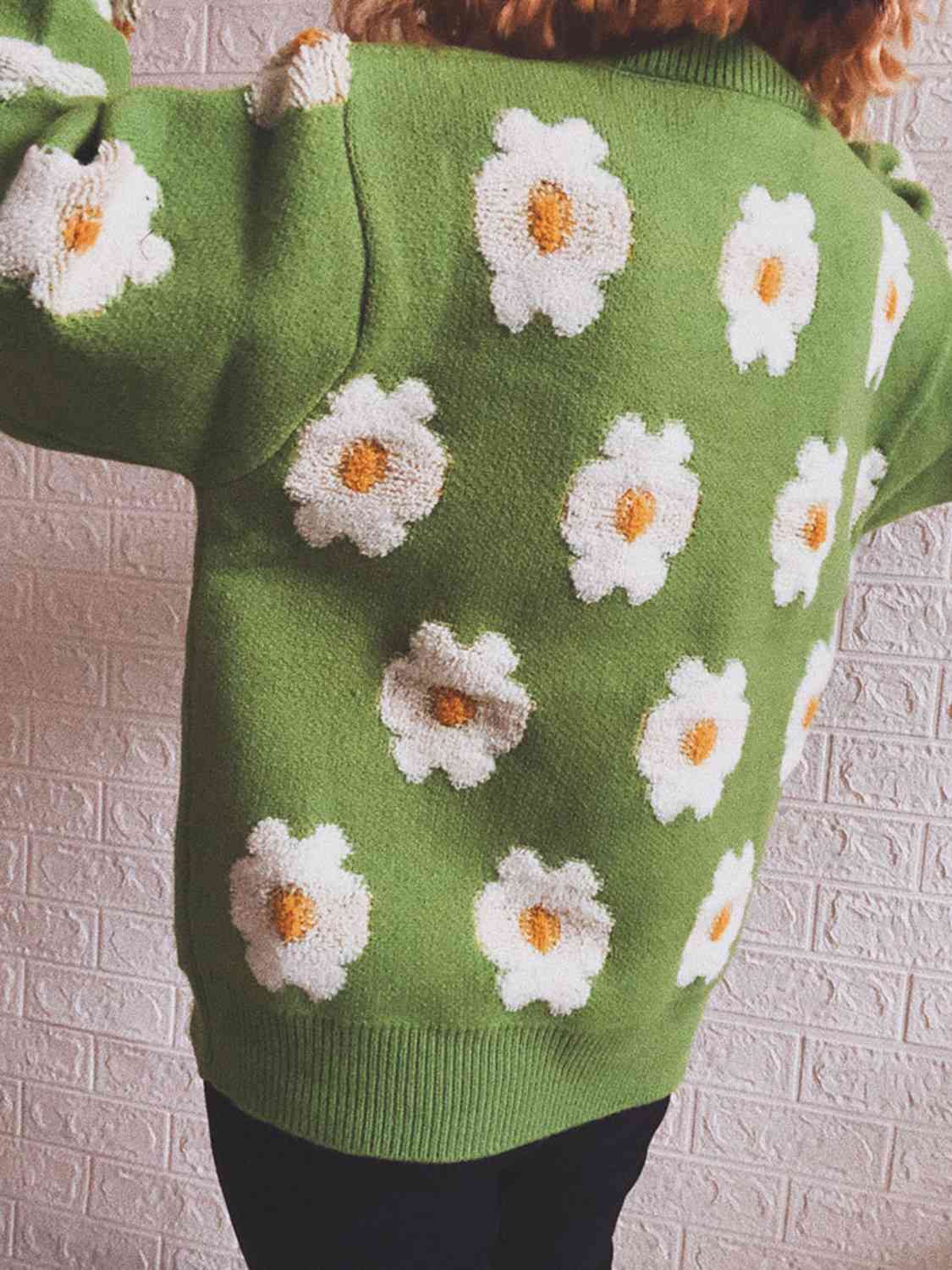 Flower Round Neck Long Sleeve Sweater - Charming Charlie