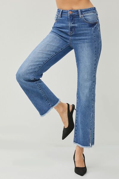 RISEN High Waist Raw Hem Slit Straight Jeans - Charming Charlie