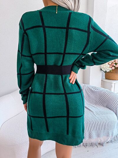 Plaid Round Neck Dropped Shoulder Sweater Dress - Charming Charlie
