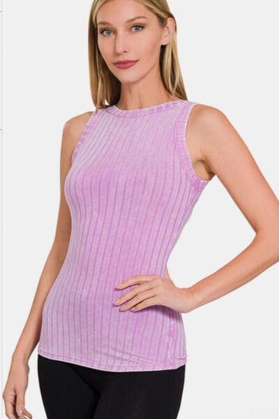 Zenana Ribbed Washed Round Neck Tank - Charming Charlie