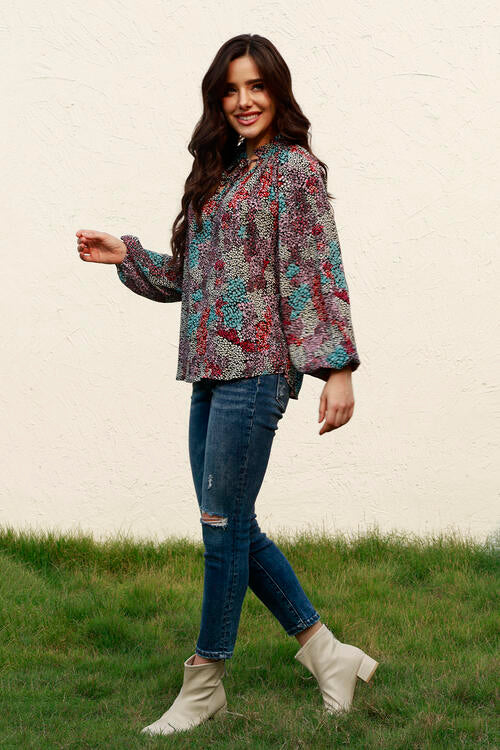 Tie Neck Heathered Balloon Sleeve Blouse - Charming Charlie