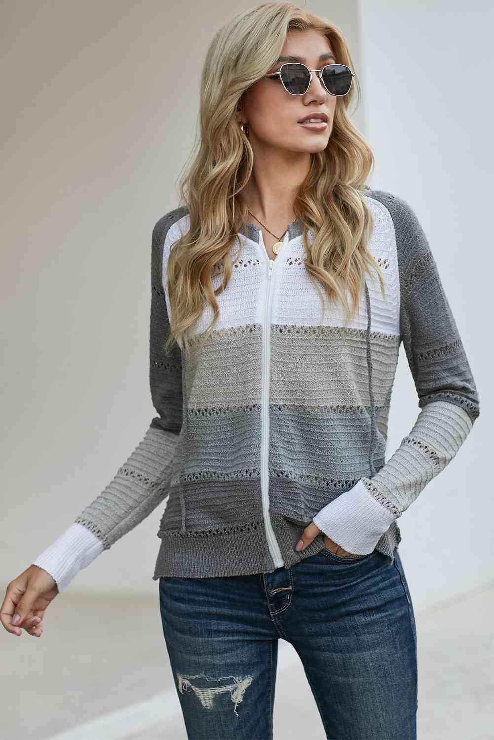 Zip-Up Raglan Sleeve Openwork Hooded Cardigan - Charming Charlie
