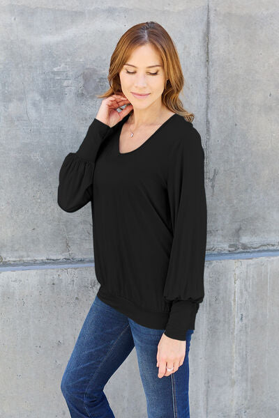 Basic Bae Full Size V-Neck Lantern Sleeve Blouse - Charming Charlie
