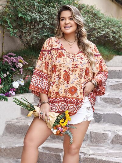 Plus Size Printed V-Neck Three-Quarter Sleeve Blouse - Charming Charlie
