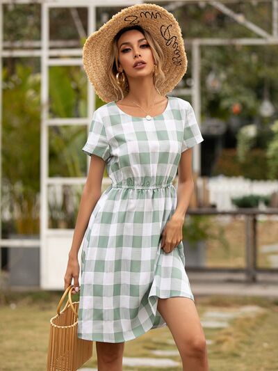 Smocked Plaid Round Neck Short Sleeve Dress - Charming Charlie