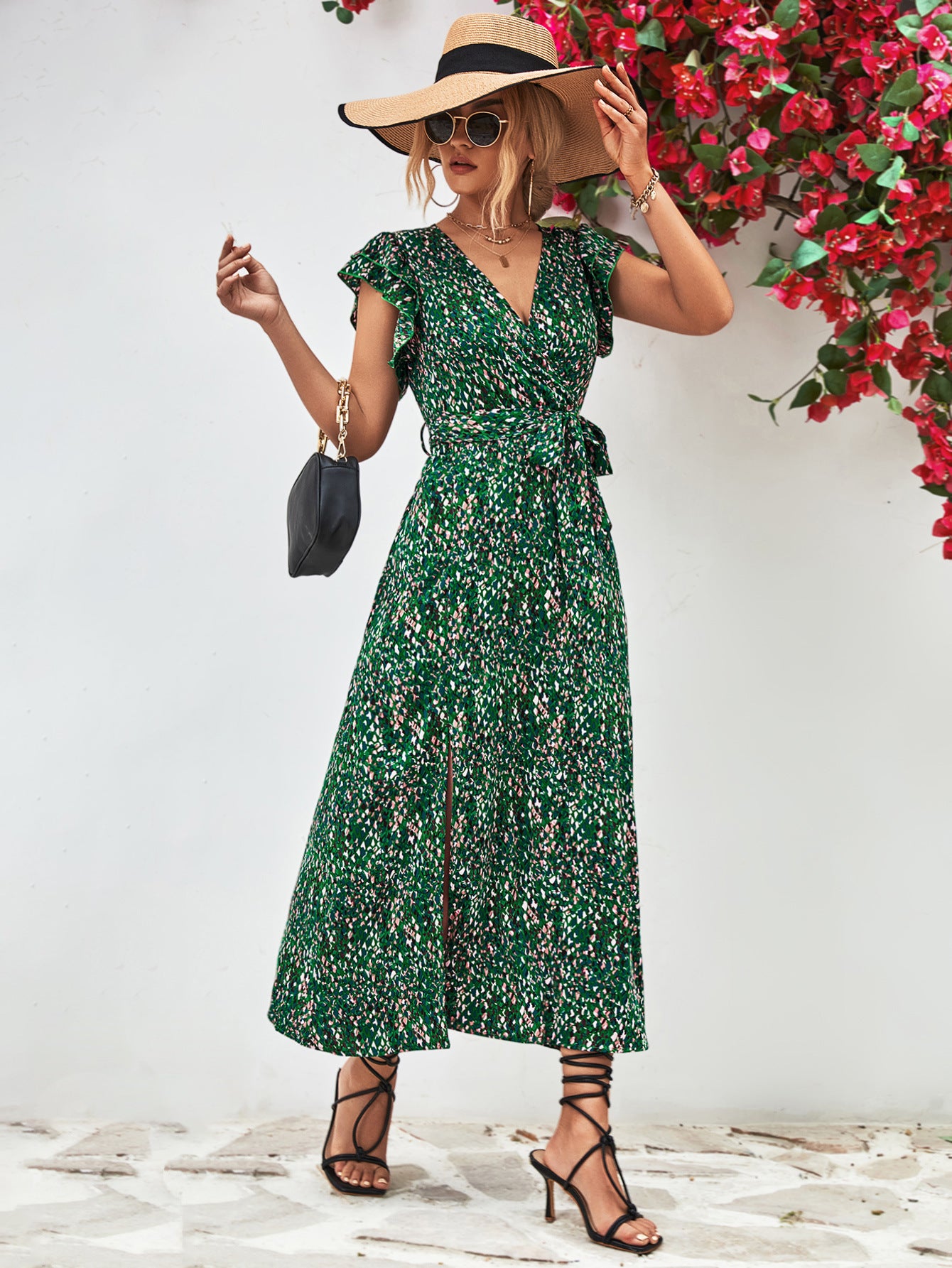 Printed Surplice Neck Flutter Sleeve Slit Dress - Charming Charlie