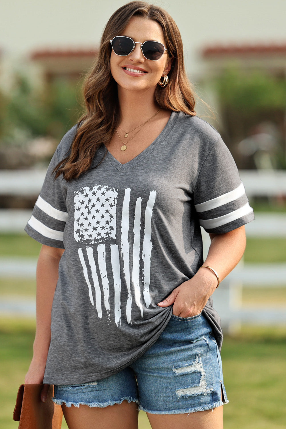 Plus Size US Flag Graphic V-Neck Tee - Charming Charlie