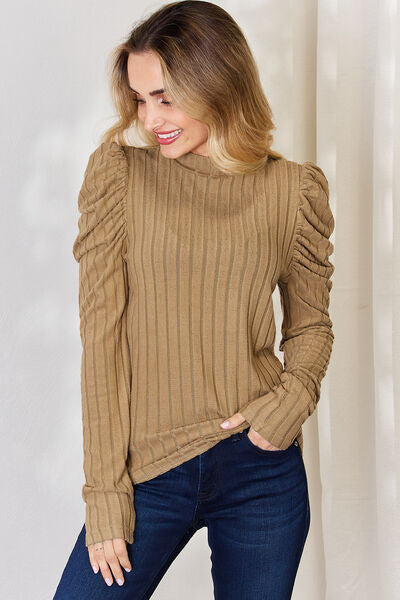 Basic Bae Full Size Ribbed Mock Neck Puff Sleeve T-Shirt - Charming Charlie