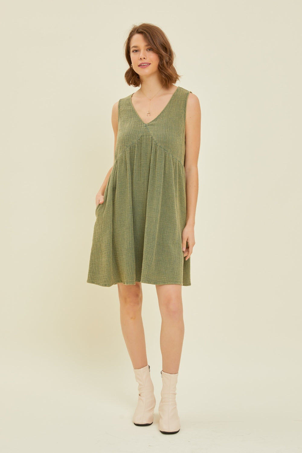 HEYSON Full Size Texture V-Neck Sleeveless Flare Mini Dress - Charming Charlie