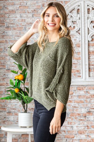 Veveret Round Neck Roll-Up Sweater - Charming Charlie