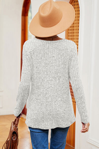 Eyelet Ribbed Round Neck Long Sleeve T-Shirt - Charming Charlie