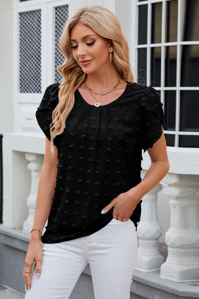Swiss Dot Round Neck Short Sleeve T-Shirt - Charming Charlie