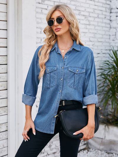 Button Up Collared Neck Denim Jacket - Charming Charlie