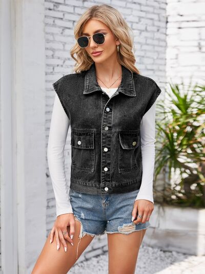 Cap Sleeve Denim Jacket with Pockets - Charming Charlie