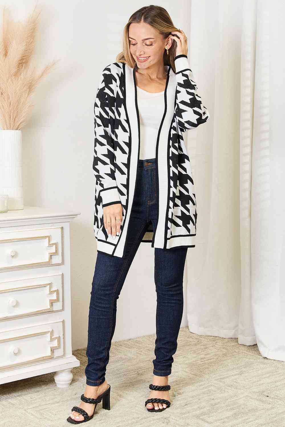 Woven Right Houndstooth Open Front Longline Cardigan - Charming Charlie
