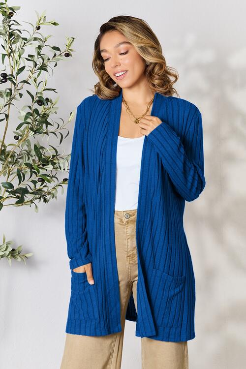 Basic Bae Full Size Ribbed Open Front Cardigan with Pockets - Charming Charlie