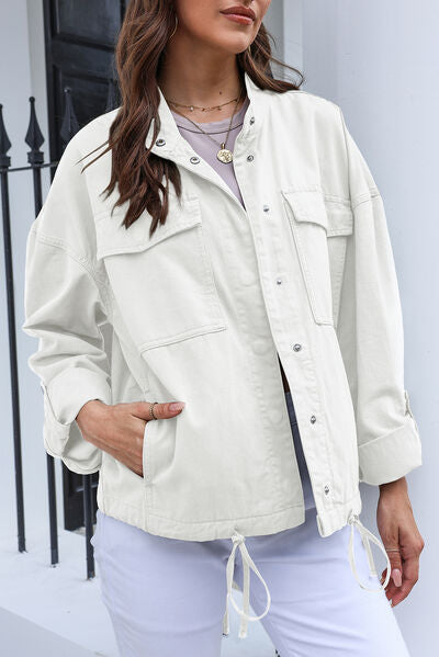 Drawstring Snap Down Dropped Shoulder Denim Jacket - Charming Charlie