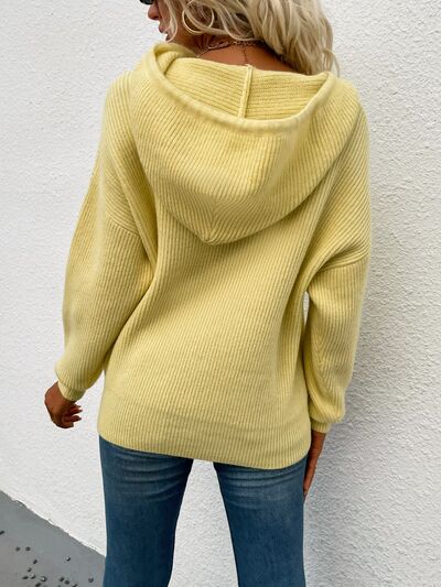 Drawstring Dropped Shoulder Hooded Sweater - Charming Charlie