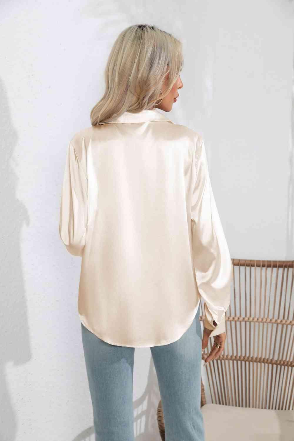 Lapel Collar Button Up Long Sleeve Shirt - Charming Charlie
