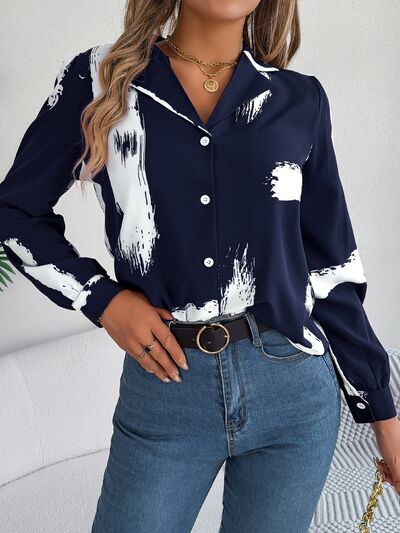 Printed Collared Neck Button Up Shirt - Charming Charlie