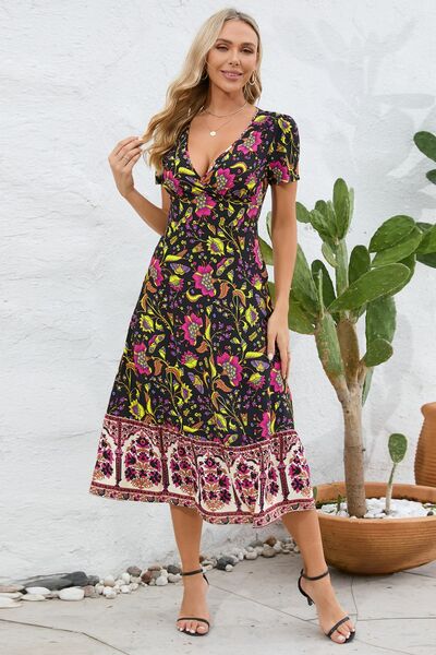 Printed Surplice Short Sleeve Dress - Charming Charlie