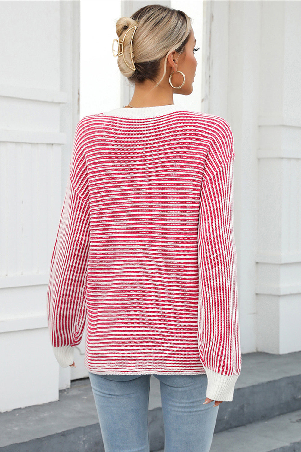 Striped Round Neck Long Sleeve Knit Top - Charming Charlie