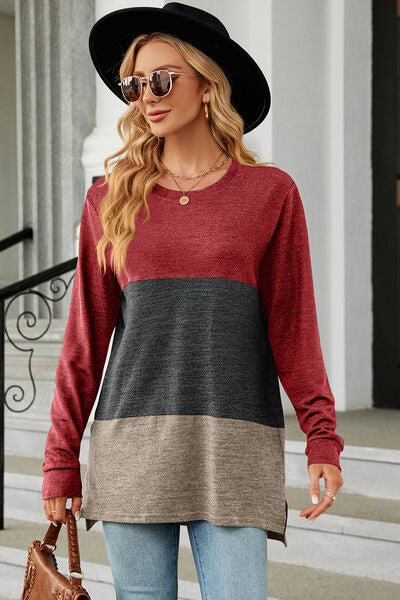 Color Block Round Neck Long Sleeve T-Shirt - Charming Charlie