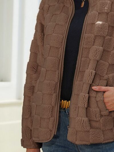 Fuzzy Checkered Zip Up Jacket - Charming Charlie