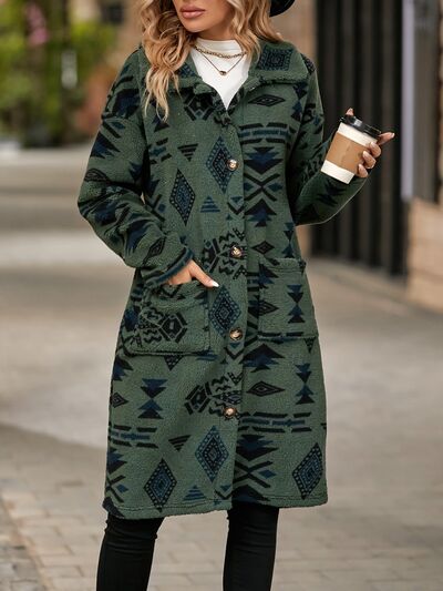 Geometric Pocketed Dropped Shoulder Coat - Charming Charlie