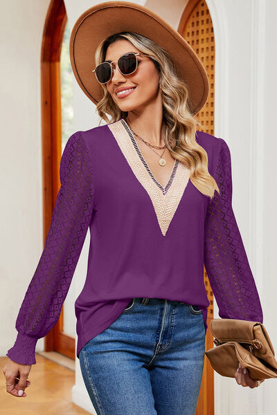Openwork V-Neck Long Sleeve T-Shirt - Charming Charlie